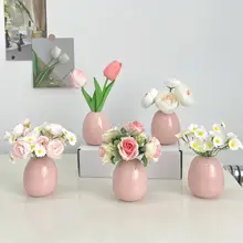 陶製デスクトップミニ花瓶【クリーミーなデザイン・フェイクフラワー付き・オフィス装飾用】