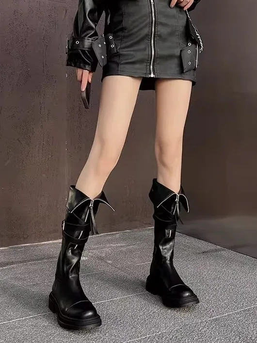 ハイカットブーツ 女性 春秋 本革 フロントファスナー 厚底 高身長：通勤・日常で安定した履き心地を実現