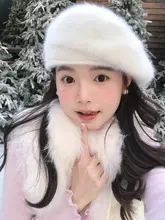 ファーベレー帽【白色・ウサギ毛・秋冬用・おしゃれ】