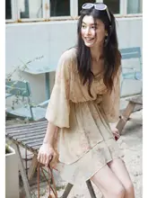 原野花柄シフォンワンピース【Vネック・ウエスト調整・不規則デザイン】（セットアップ対応）