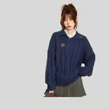 セーター レディース ケーブル編み フード付き 襟付き ネイビー オーバーサイズ ルーズ プレッピースタイル 秋冬