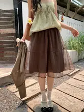 透け感のあるメッシュ切替えブラウンのAラインスカート【梨型体型カバー・夏用】