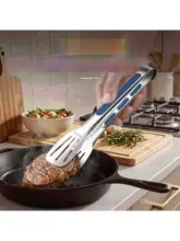 ステンレス製食品トング【熱さ防止・家庭用・シリコン製・バーベキュー・パン・焼肉用】