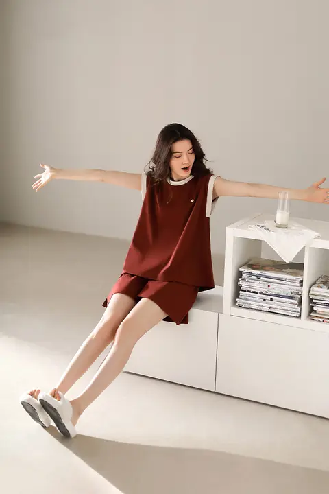 夏用コットン無袖タンクトップ＆ショートパンツ【インナー付き・防漏設計】（セットアップ対応）