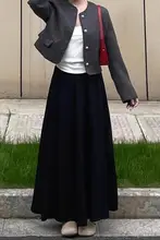 黒色Aラインスカート【梨型体系カバー・春季・ロング丈・足首まで】（セットアップ対応）