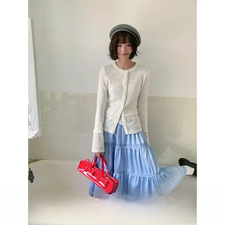 エレガントなレース切り替えロングスカート【サテン仕立て・春夏用】（セットアップ対応）