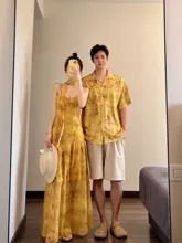 夏向けカップルコーデ【イエローグラデーション・フラワープリント・ロングスカート・トップス】（セットアップ対応）