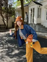 カラー切替デザインのコーデュロイ襟付きデニムコットンジャケット【女性用】