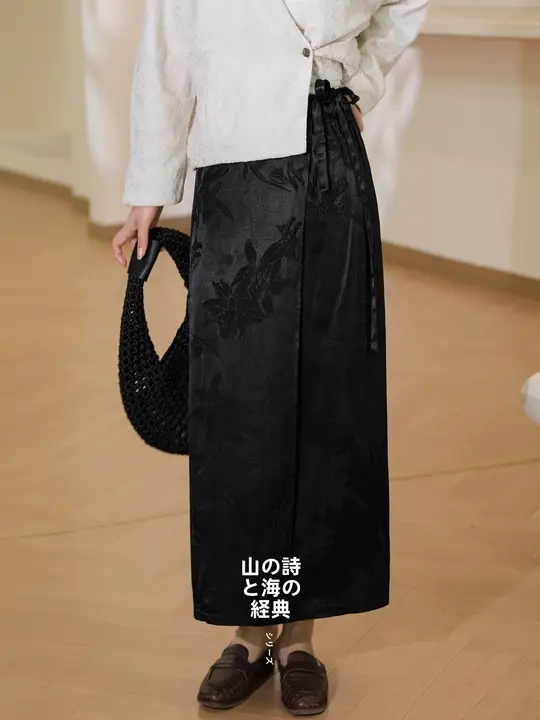 ライセール麻混合素材の包みスカート【新中式・黒・ストレート・ミドル丈】