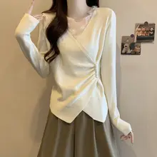デザイン重視の交差Vネックレース切り替えニットトップス【春・ぷらすサイズ・スリム効果・女性用】