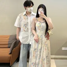 カップル用夏服【メンズ半袖シャツ・リゾートスタイル・レディースキャミソールドレス】（セットアップ対応）