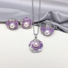 天然淡水真珠ネックレス・イヤリング・リング【小花モチーフ・クラシックデザイン・紫色】（セットアップ対応）