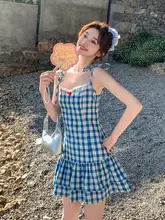 フラワープリントレース切替キャミソールミニドレス【爽やかなブルー・夏用・チェック柄】（セットアップ対応）