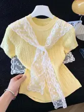 光沢感のあるクリーム色のアイスシルク短袖Tシャツ【レディース・フィット・ラウンドネック・カーディガン付き】