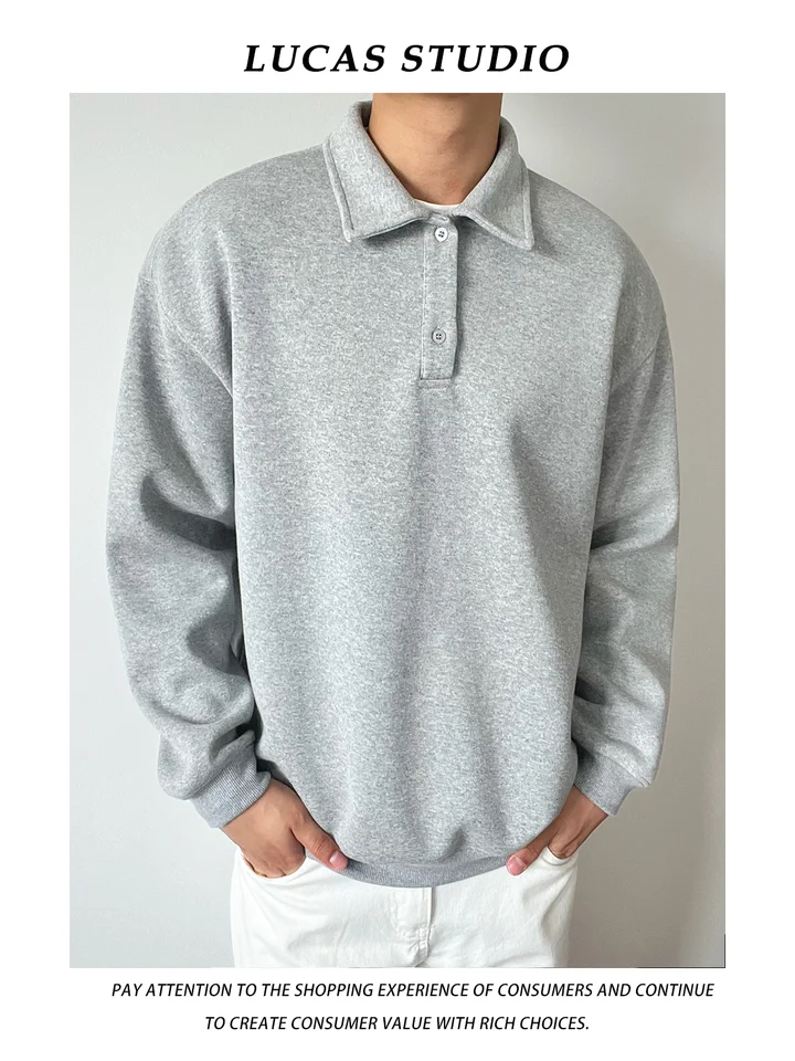 POLOカラーの重厚感あるスウェットシャツ【男女兼用・秋冬用・厚手・ゆったりサイズ】