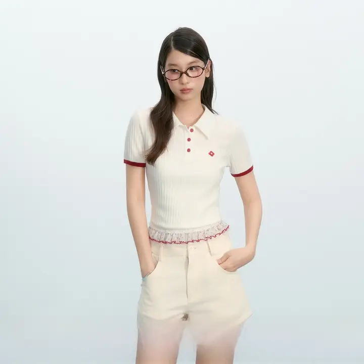 半開きレース花柄ポロシャツ【夏用・短袖】