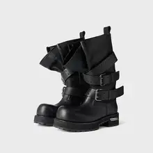 本革製ウエスタンブーツ【冬用・レトロ・ミドルカット・ベルト付き・厚底】