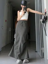 アメリカンスタイルのドローストリングフィッシュテールミディスカート【夏用・Aライン・サイドスリット】