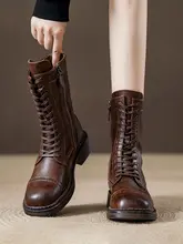 擦れた色合いのレトロなスクエアトゥ本革マーチンブーツ【中筒・ライディングブーツ・太ヒール・レースアップ】