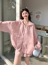 初夏の小柄スタイル！パステルピンクのカシューナッツ柄フード付きトップスとショートパンツ（セットアップ対応）