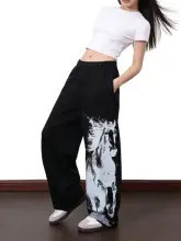 おしゃれなペイントデザインのワイドレッグパンツ【ストレッチ・ゆったり・ウエストゴム】