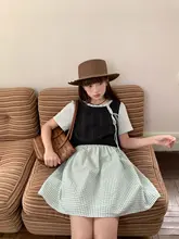 ブルーのニットパネルデザインドレス【ショート スリーブ・ウエストシェイプ・夏用・ゆったりした着心地】（セットアップ対応）