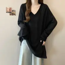 秋季新作の大きいサイズ レディースVネック長袖Tシャツ【フィット・カジュアル・スリム効果】