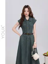 ワンピース レディース デニム レース 韓国風 ウエストマーク ミモレ丈 タイト 夏