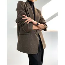 秋冬用 ゆったりしたウールブレンドカジュアルジャケット【レトロ英国風・千鳥格子柄・ショート丈】