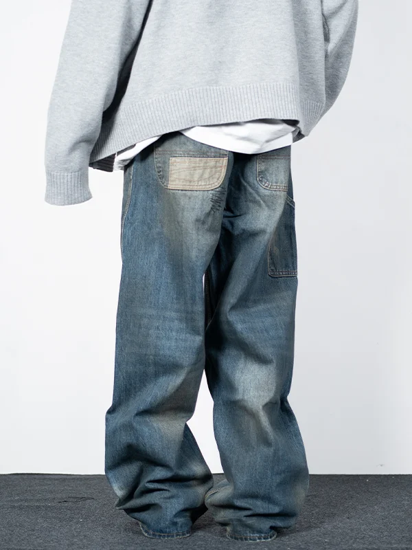 ゆったりとしたストレートレッグデニムパンツ【アメリカンスタイル・ウォッシュ加工・メンズ】