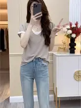 コットン製 偽二重構造の半袖Tシャツ【レディース・ゆったりシルエット・韓国風・大きいサイズ】（セットアップ対応）