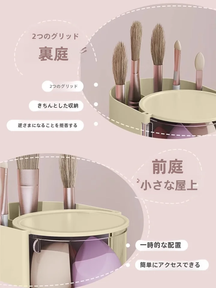 メイクアップ道具収納ボックス【回転式・防塵・多層リップスティック＆ブラシスタンド】（セットアップ対応）