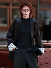 小羊皮のVネックジャケット【女性用・中長丈・翻袖デザイン・真皮】