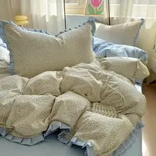 インスタ風木綿スフレチェックフリルデザイン寝具【三点セット・学生向け】（セットアップ対応）
