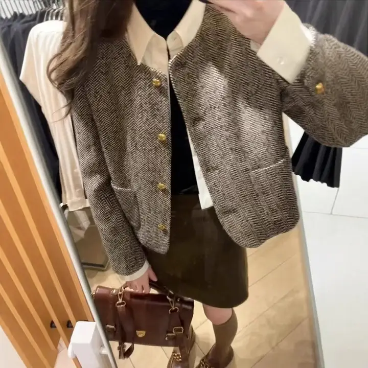ココア色ウール調ハイウエストAラインスカート【厚手・レトロ・タイトフィット】