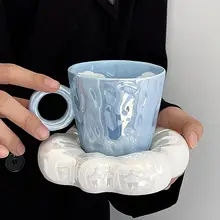 手描きの青空雲デザイン陶器カフェカップ【可愛いフォルム・ディッシュ付き】