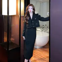 灰色の秋冬向け編み込みツイード風タイトスカート【シックでエレガント・体型カバー・ファッション】（セットアップ対応）