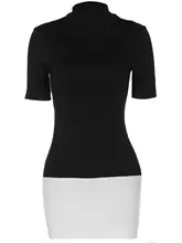 shemoda 半高ネック半袖ワンピース【デザイン性高い・ハイウエスト・ブラックホワイトカラー・タイトフィット】