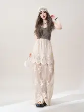 杏色レトロレース切り替えハイウエストスカート【夏用・薄手・透け感】（セットアップ対応）