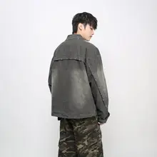 デザイン性のあるヴィンテージ風水洗いデニムジャケット【男女兼用・秋用・リベット装飾】