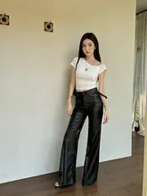 春秋用 レディース PUレザー ハイウエスト ワイドレッグパンツ【ストレート・微フレア・ロング】