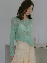 春季用 蝶結びデザインの薄手ニットトップス【緩やかフィット・長袖・透かし編み】