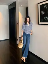 レディース ライセール 微フレアデニムパンツ【レトロデザイン・ハイウエスト・スリムフィット】（セットアップ対応）