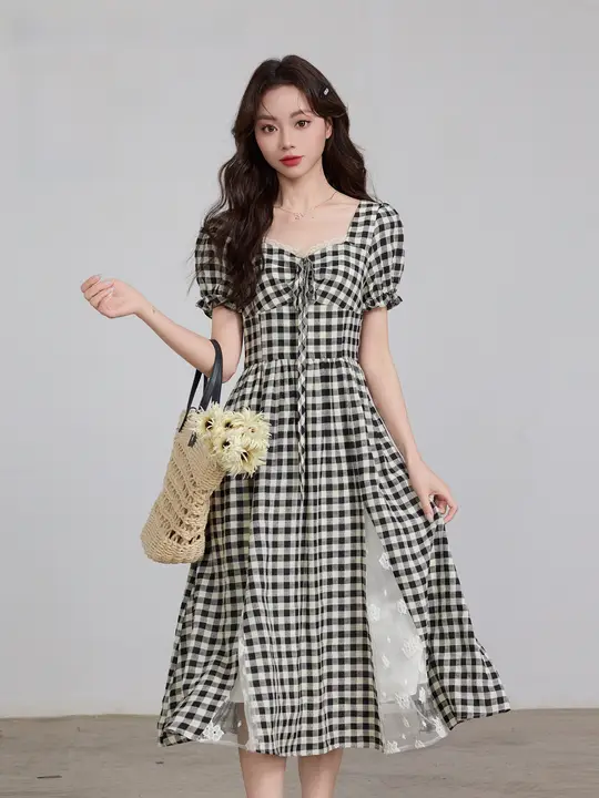 夏用レース切替チェック柄Aラインワンピース【特徴的なウエストデザイン・女性用】