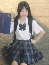 水色の半袖JK制服シャツとチェック柄スカート【春夏向け・オリジナルデザイン】（セットアップ対応）