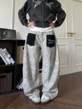 デニムパンツ ユニセックス ヒョウ柄パッチポケット ワイド ルーズ ストリート アメカジ ヴィンテージ カーブドシルエット「DHSS」