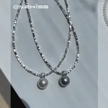 高級感のあるシルバーメタル風パールネックレス【デザインロックチェーン・レディース用】