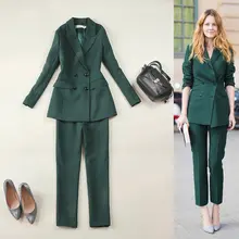 大きいサイズ レディース 春夏用 ダークグリーン ショートジャケット&パンツセット【ダブルブレスト・ストレートパンツ】