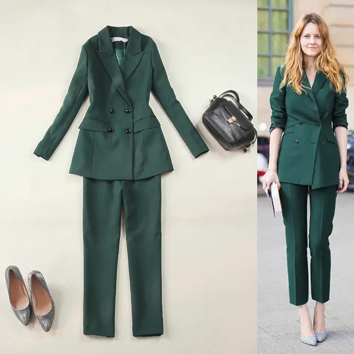 大きいサイズ レディース 春夏用 ダークグリーン ショートジャケット&パンツセット【ダブルブレスト・ストレートパンツ】