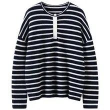 海洋ストライプヘンリーネック全羊毛ニットプルオーバー【デザイン・女性用】（セットアップ対応）